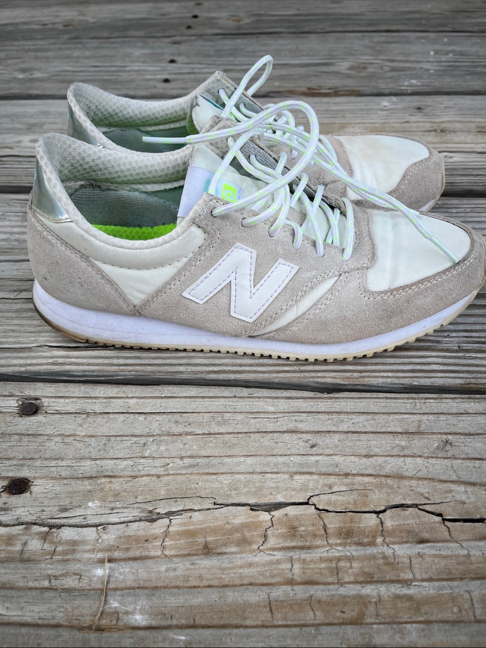 New Balance Beige and White Suede Running Shoes